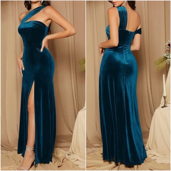 Luxe Teal Blue One Shoulder Velvet Evening Wedding Formal Maxi Dress - Picture 1 of 10